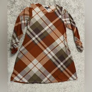 R&K Long Sleeve Plaid Dress - Rust and Beige